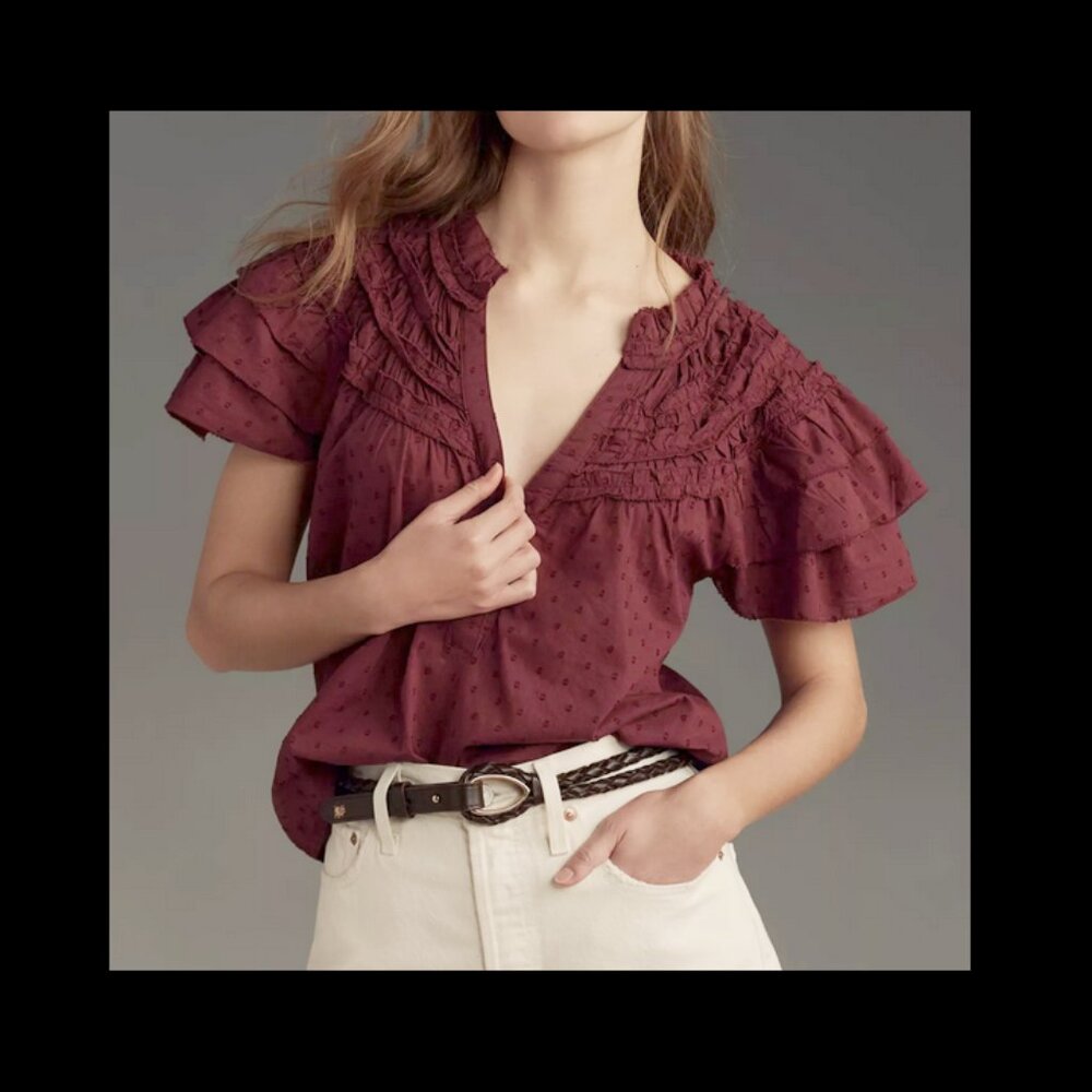 Anthropologie Henley Blouse Top Ruffle Flowy Layered Sleeve Peasant Prairie Chic